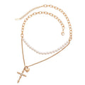 ESJ - Collier avec pendentif perlé avec croix, plaqué or 18K ES-Jewelry