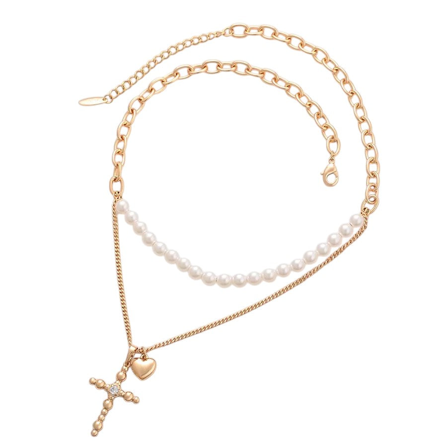 ESJ - Collier avec pendentif perlé avec croix, plaqué or 18K ES-Jewelry