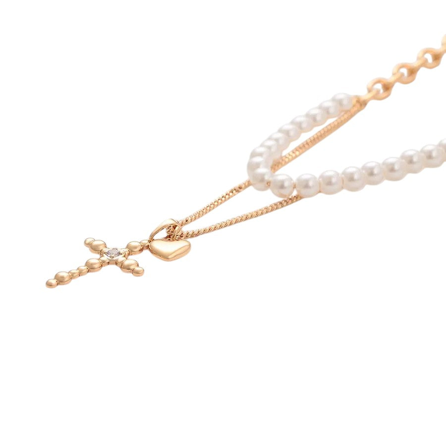 ESJ - Collier avec pendentif perlé avec croix, plaqué or 18K ES-Jewelry