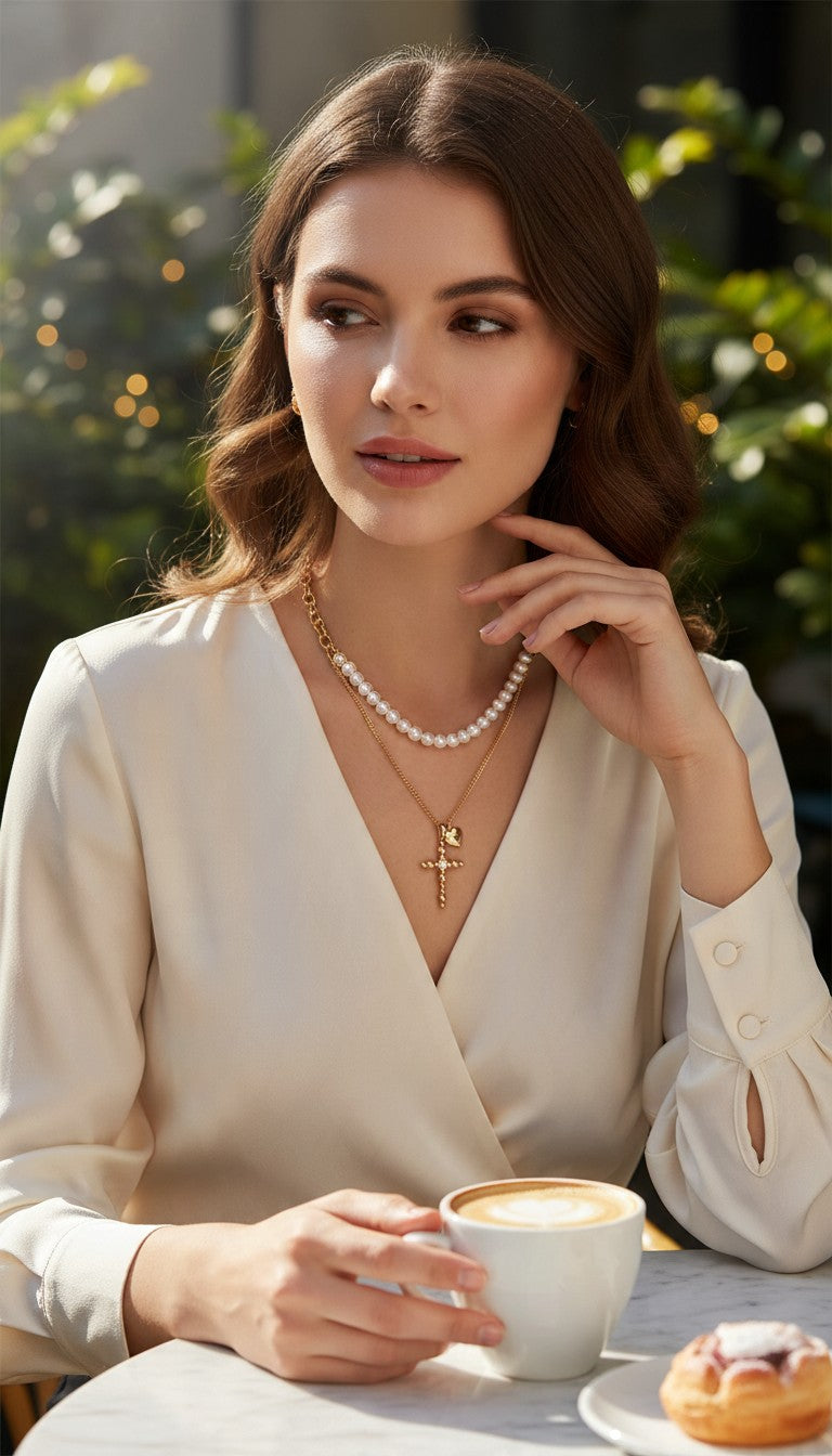 ESJ - Collier avec pendentif perlé avec croix, plaqué or 18K ES-Jewelry