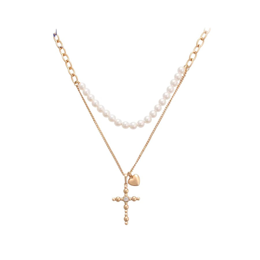ESJ - Collier avec pendentif perlé avec croix, plaqué or 18K ES-Jewelry