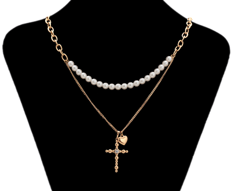 ESJ - Collier avec pendentif perlé avec croix, plaqué or 18K ES-Jewelry